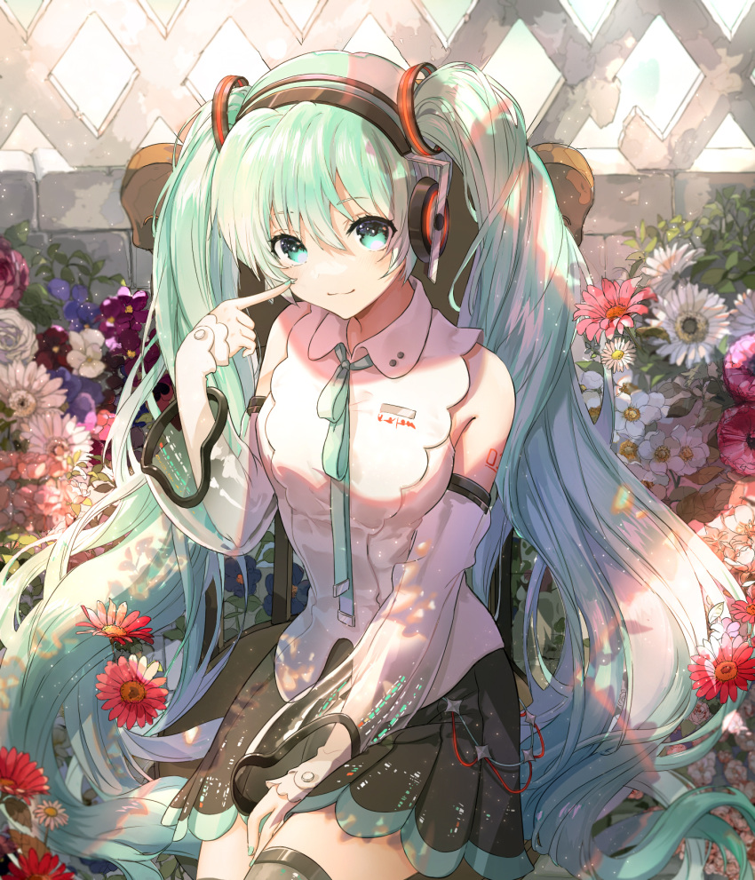 1girl, aqua_eyes, aqua_hair, aqua_nails, aqua_neckwear, armpit_crease, backlighting, bare_shoulders