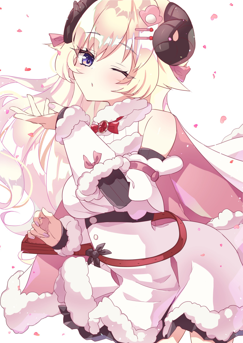 1girl, absurdres, animal_ears, bangs, belt_pouch, blonde_hair, blown_kiss, bow