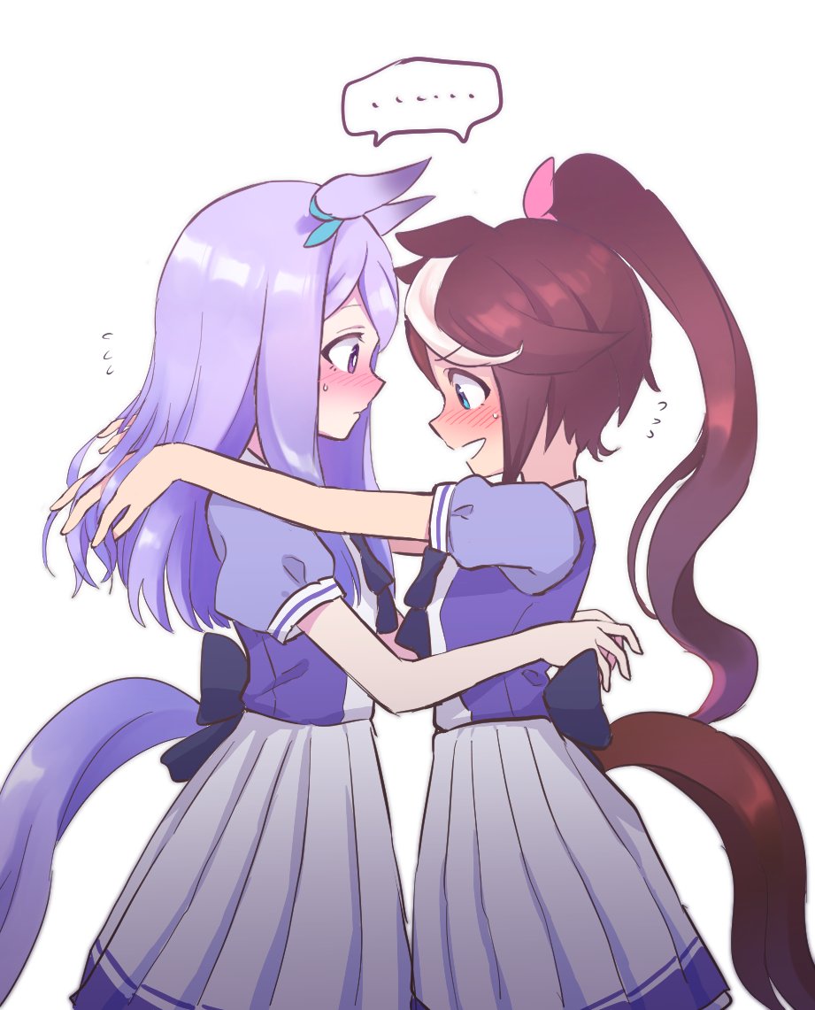 2girls, blue_eyes, blue_ribbon, blush, brown_hair, commentary_request, ear_ribbon, horse_girl