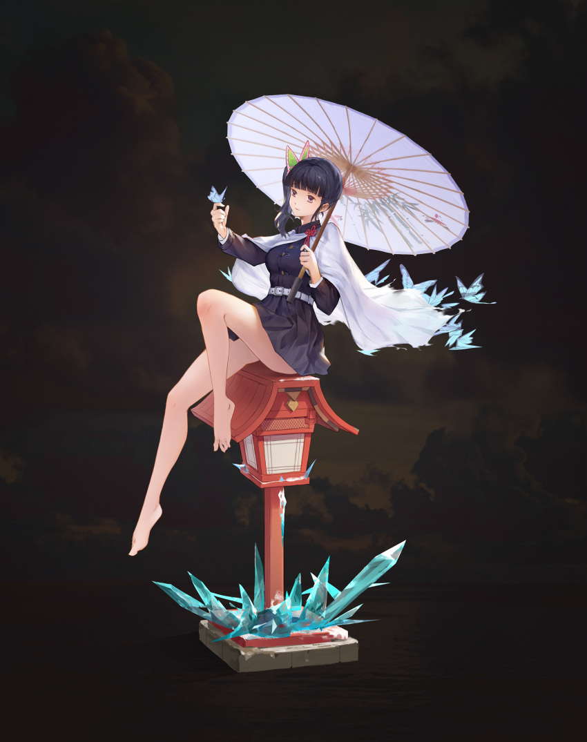 1girl, absurdres, azen_huyue, bangs, barefoot, black_hair, black_jacket, black_skirt, blunt_bangs, breasts, bug, butterfly, butterfly_hair_ornament, butterfly_on_hand, cape, full_body, hair_ornament, highres, holding, holding_umbrella, insect, jacket, kimetsu_no_yaiba, long_hair, long_sleeves, medium_breasts, miniskirt, oil-paper_umbrella, pleated_skirt, shiny, shiny_hair, side_ponytail, sitting, skirt, solo, tsuyuri_kanao, umbrella, white_cape, white_umbrella