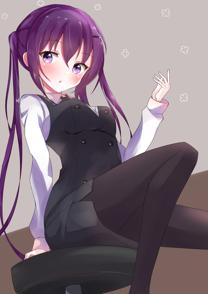 1girl, absurdres, bangs, black_legwear, black_skirt, black_vest, blush, breasts, collared_shirt, eyebrows_visible_through_hair, from_below, gochuumon_wa_usagi_desu_ka?, grey_background, hair_between_eyes, highres, kabocya_na, long_hair, looking_at_viewer, medium_breasts, miniskirt, open_mouth, pantyhose, pencil_skirt, purple_hair, shiny, shiny_hair, shirt, sitting, skirt, solo, tedeza_rize, very_long_hair, vest, violet_eyes, white_shirt, wing_collar