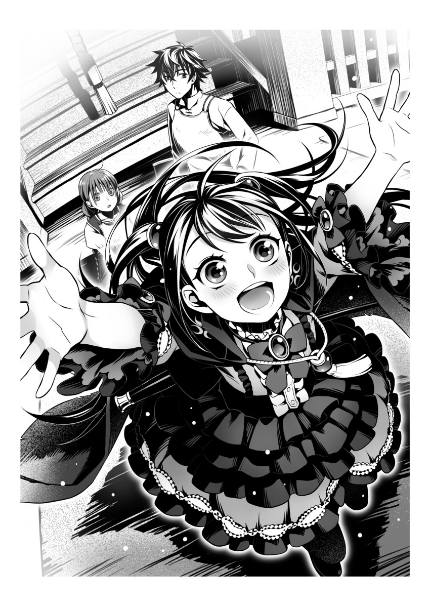 1boy, 2girls, :d, arms_up, bangs, border, dress, gothic_lolita