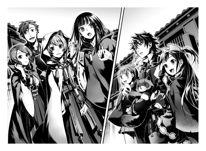 2boys, 5girls, :d, animal_ears, animal_on_shoulder, arm_up, bangs, bird