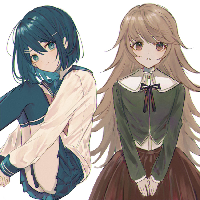 1boy, 1girl, alternate_hair_length, alternate_hairstyle, bangs, black_legwear, blue_eyes, blue_skirt