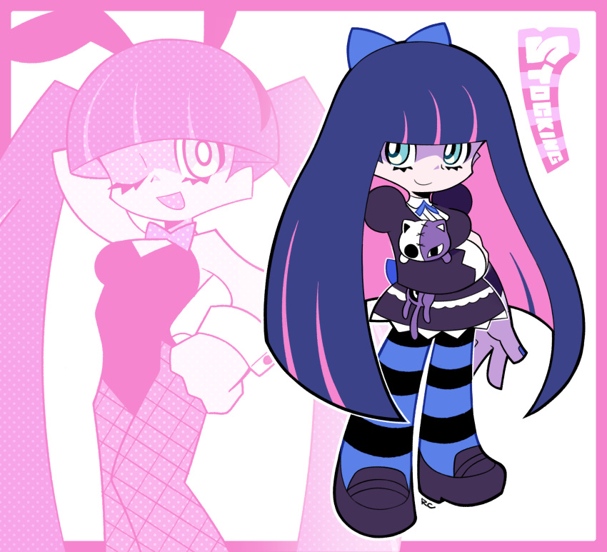 1girl, artsy-rc, bangs, black_hair, black_legwear, blue_bow, blue_eyes, blue_legwear