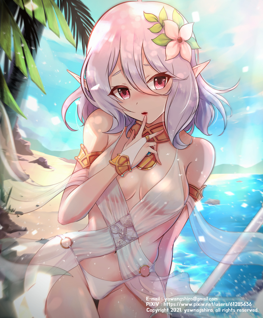 1girl, absurdres, armlet, bangs, beach, bikini, bridal_gauntlets, clouds