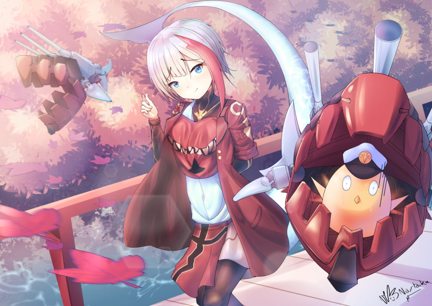 1girl, admiral_graf_spee_(azur_lane), alternate_costume, autumn_leaves, azur_lane, baozi, black_legwear, blue_eyes, coat, eyebrows_visible_through_hair, food, hat, leaf, looking_at_viewer, manjuu_(azur_lane), maple_leaf, multicolored_hair, ntk_nartaku, open_clothes, open_coat, pantyhose, peaked_cap, red_coat, redhead, short_hair, signature, silver_hair, smile, streaked_hair, two-tone_hair, water