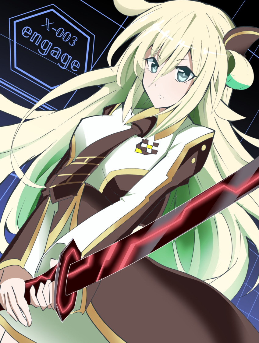 1girl, ahoge, black_legwear, black_neckwear, blonde_hair, holding_weapon, long_hair, long_sleeves