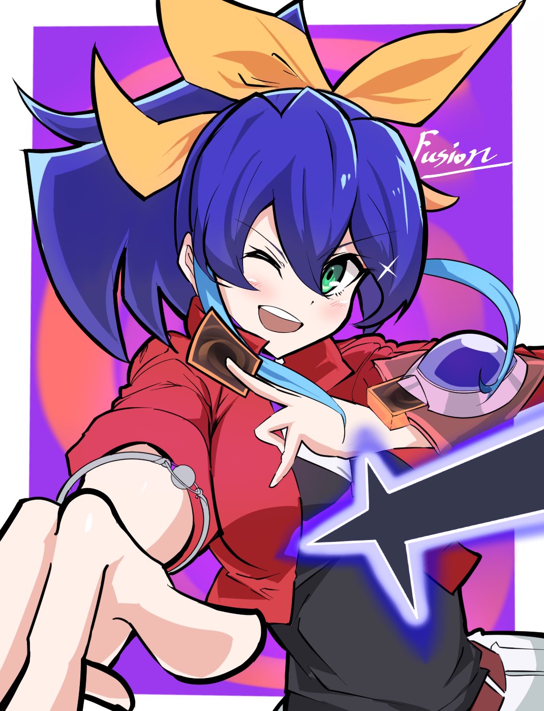 1girl, blue_hair, bracelet, duel_disk, green_eyes, high_ponytail, jacket, multicolored_hair