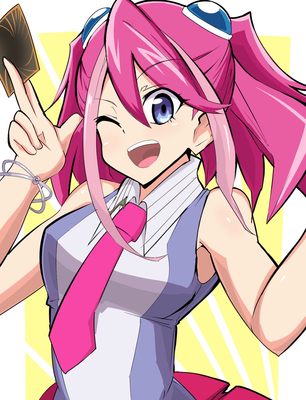 1girl, bracelet, exposed_shoulders, hiiragi_yuzu, multicolored_hair, open_mouth, pink_eyes, pink_neckwear