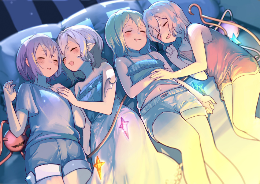 4girls, bare_shoulders, bed, blonde_hair, blue_hair, blue_shorts, blush, camisole