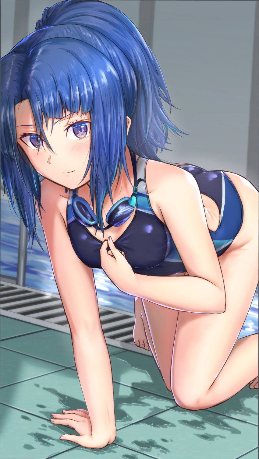1girl, absurdres, alice_gear_aegis, ass, blue_hair, bureikubureido, competition_swimsuit, eyes_visible_through_hair