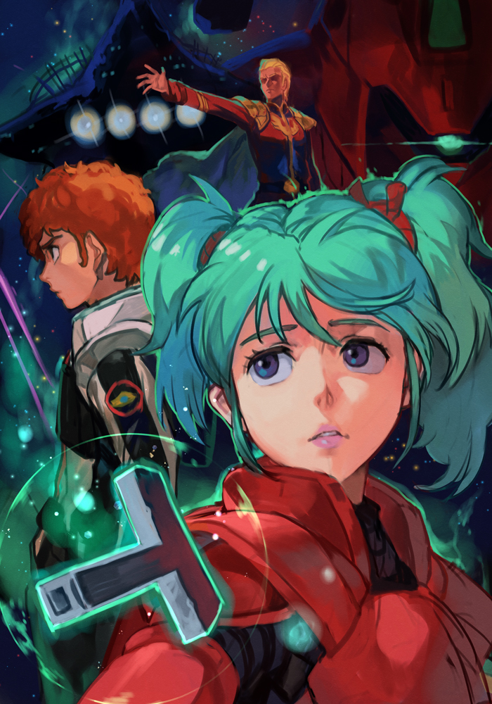 1girl, 2boys, amuro_ray, axis_(gundam), bangs, blonde_hair, blue_eyes, blue_hair, brown_hair, cape, char's_counterattack, char_aznable, glowing, glowing_eye, gundam, hair_behind_ear, hankuri, hankuri, mecha, military, military_uniform, multiple_boys, one-eyed, outstretched_arm, parted_lips, pilot_suit, psycho_frame, quess_paraya, sazabi, science_fiction, twintails, uneven_twintails, uniform, white_cape, zeon