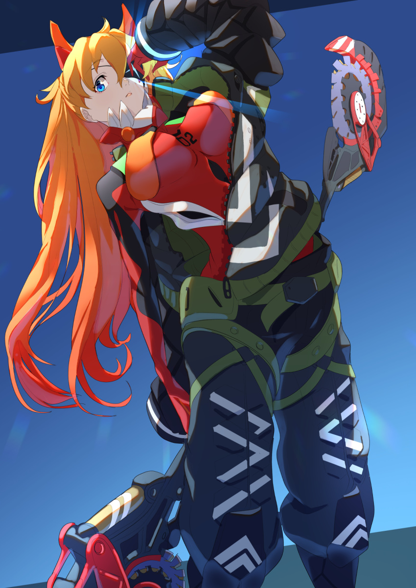 1girl, blue_eyes, breasts, cosplay, eva_02_alpha, eva_02_alpha_(cosplay), evangelion:_3.0+1.0_thrice_upon_a_time, gloves, green_jumpsuit, hair_behind_ear, highres, holding, holding_weapon, long_hair, looking_at_viewer, looking_down, medium_breasts, neon_genesis_evangelion, one_eye_covered, orange_hair, pilot_suit, plugsuit, rebuild_of_evangelion, red_gloves, sakusakusakurai, shikinami_asuka_langley, solo, souryuu_asuka_langley, two_side_up, weapon