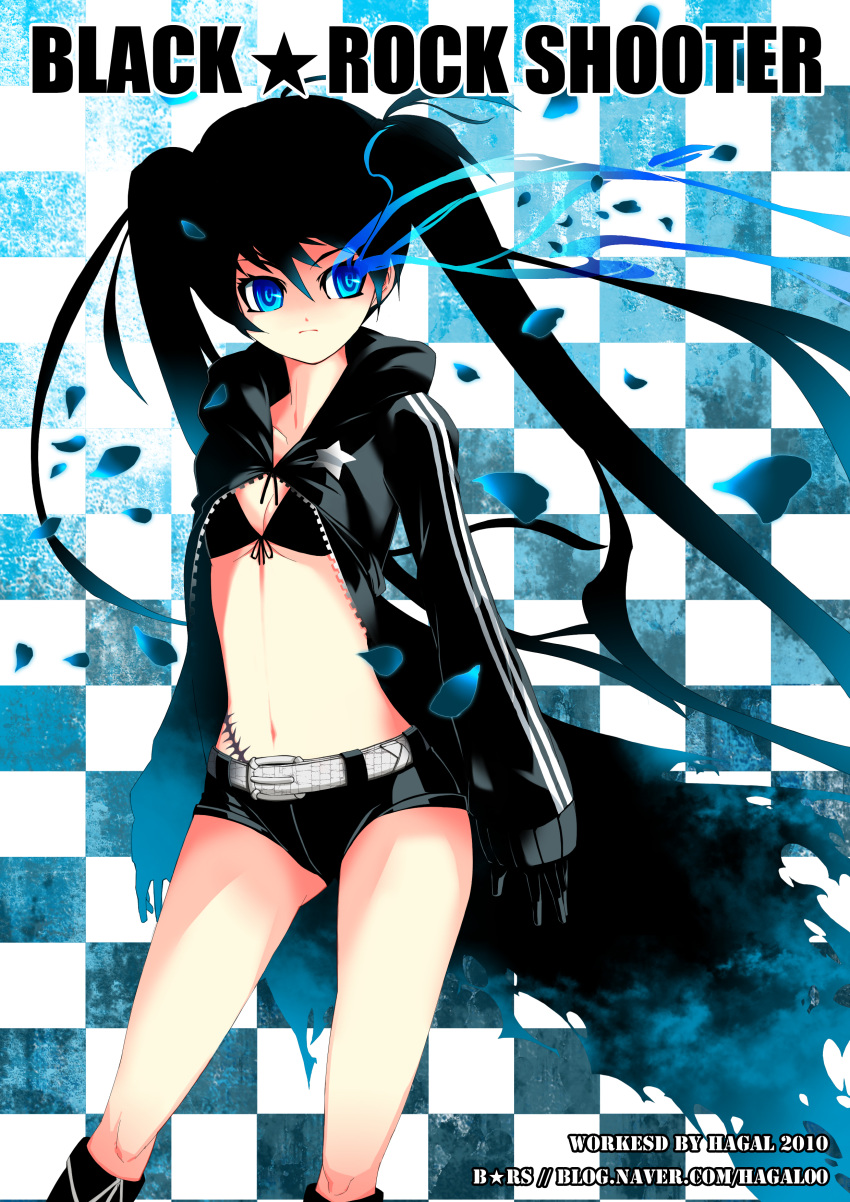 bad_id, bikini_top, black_hair, black_rock_shooter, black_rock_shooter_(character), blue_eyes, coat, glowing