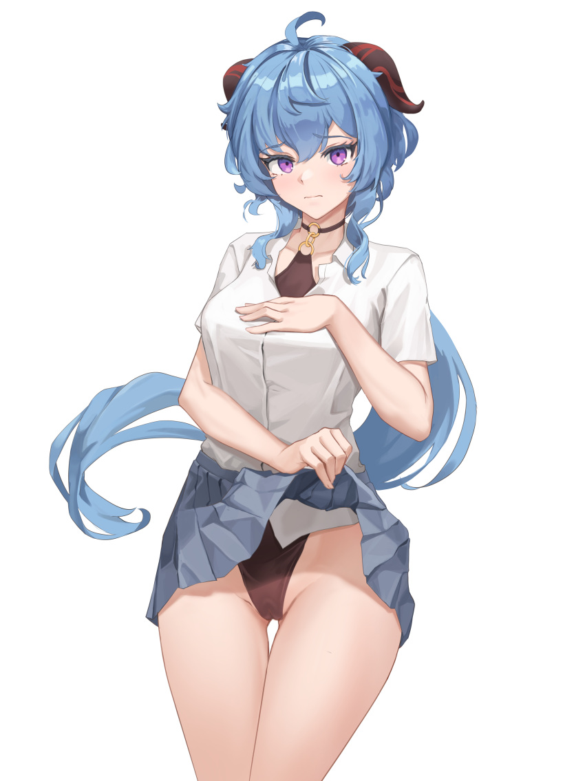 1girl, absurdres, ahoge, argus_(argus86998927), bangs, black_leotard, blue_hair, blue_skirt, blush, breasts, collarbone, collared_shirt, dress_shirt, ganyu_(genshin_impact), genshin_impact, highleg, highleg_leotard, highres, horns, large_breasts, leotard, long_hair, looking_at_viewer, pleated_skirt, shirt, short_sleeves, skirt, skirt_lift, thighs, violet_eyes, white_shirt