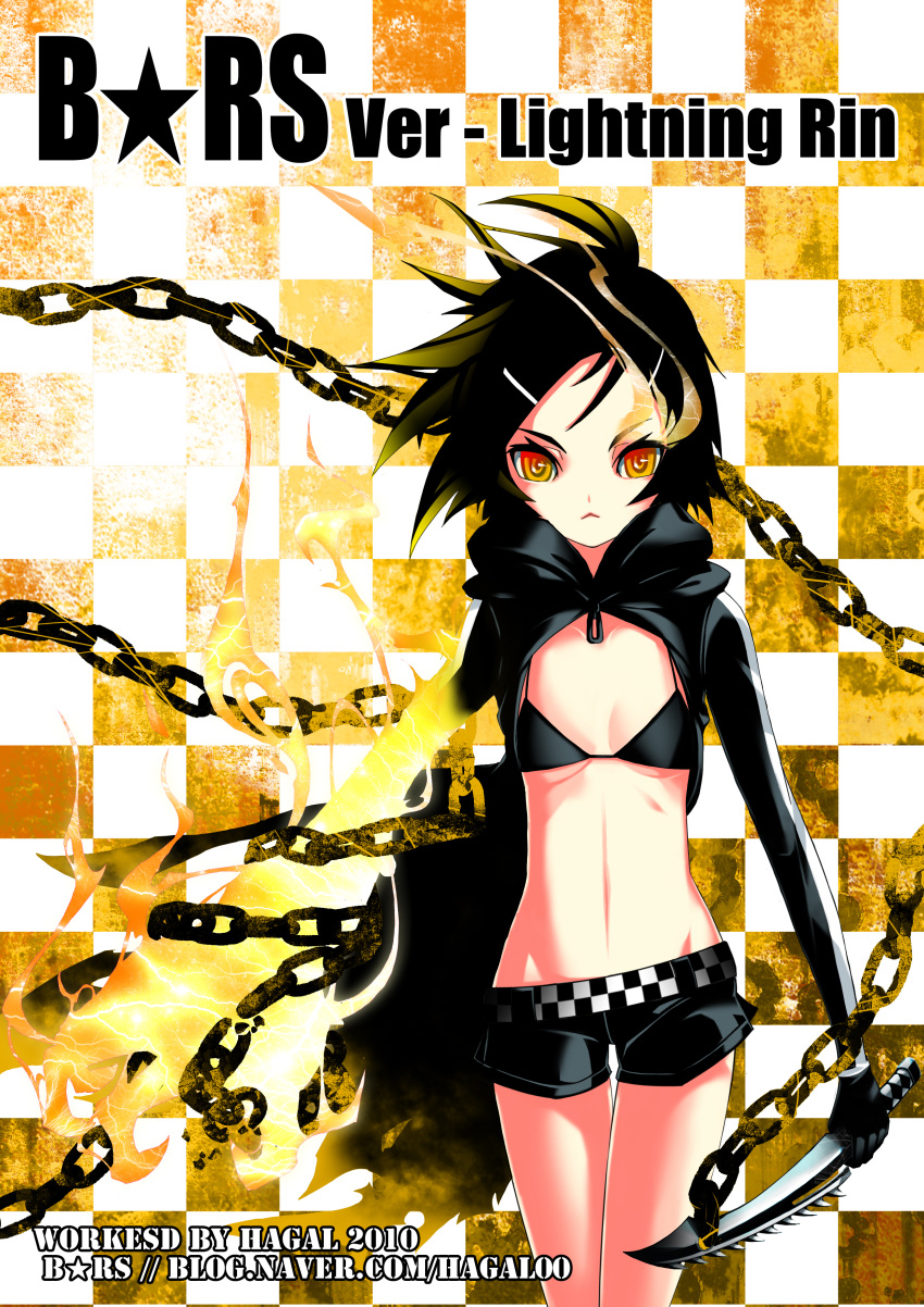 bad_id, bikini_top, black_hair, black_rock_shooter, black_rock_shooter_(character), black_rock_shooter_(cosplay), chain, chains