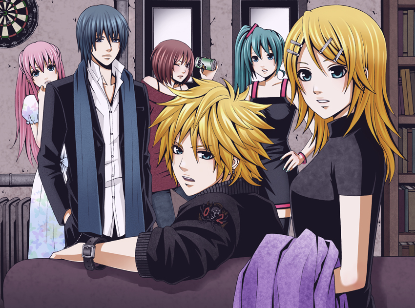 blonde_hair, blue_eyes, brown_hair, casual, hair_ornament, hairclip, hatsune_miku, kagamine_len