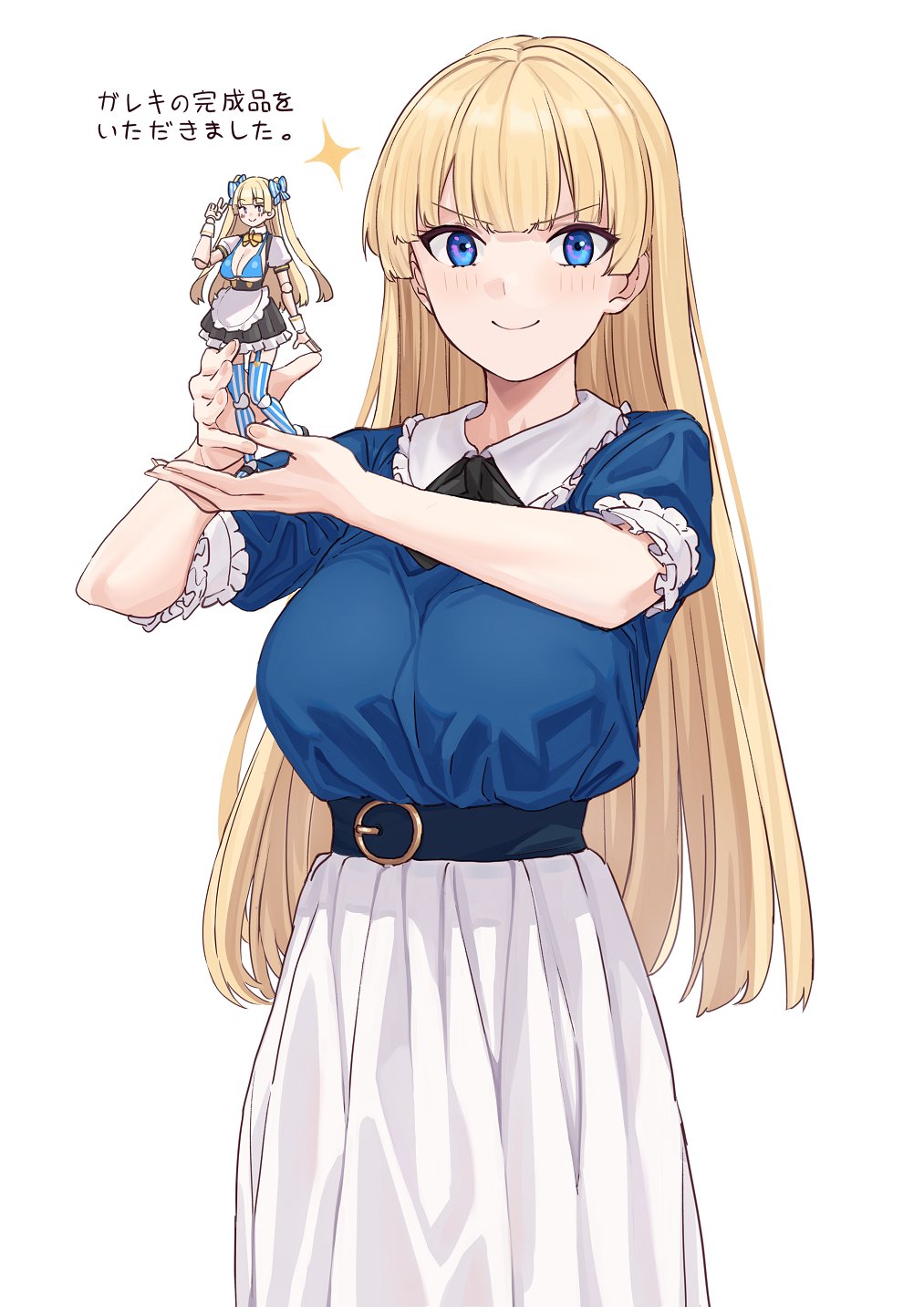 1girl, bangs, belt, blonde_hair, blue_eyes, blue_shirt, blush, breasts