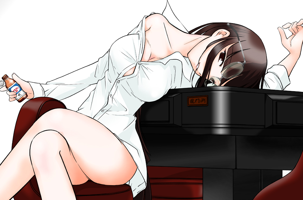 bottomless, breasts, brown_eyes, brown_hair, chair, cleavage, crossed_legs, dress_shirt