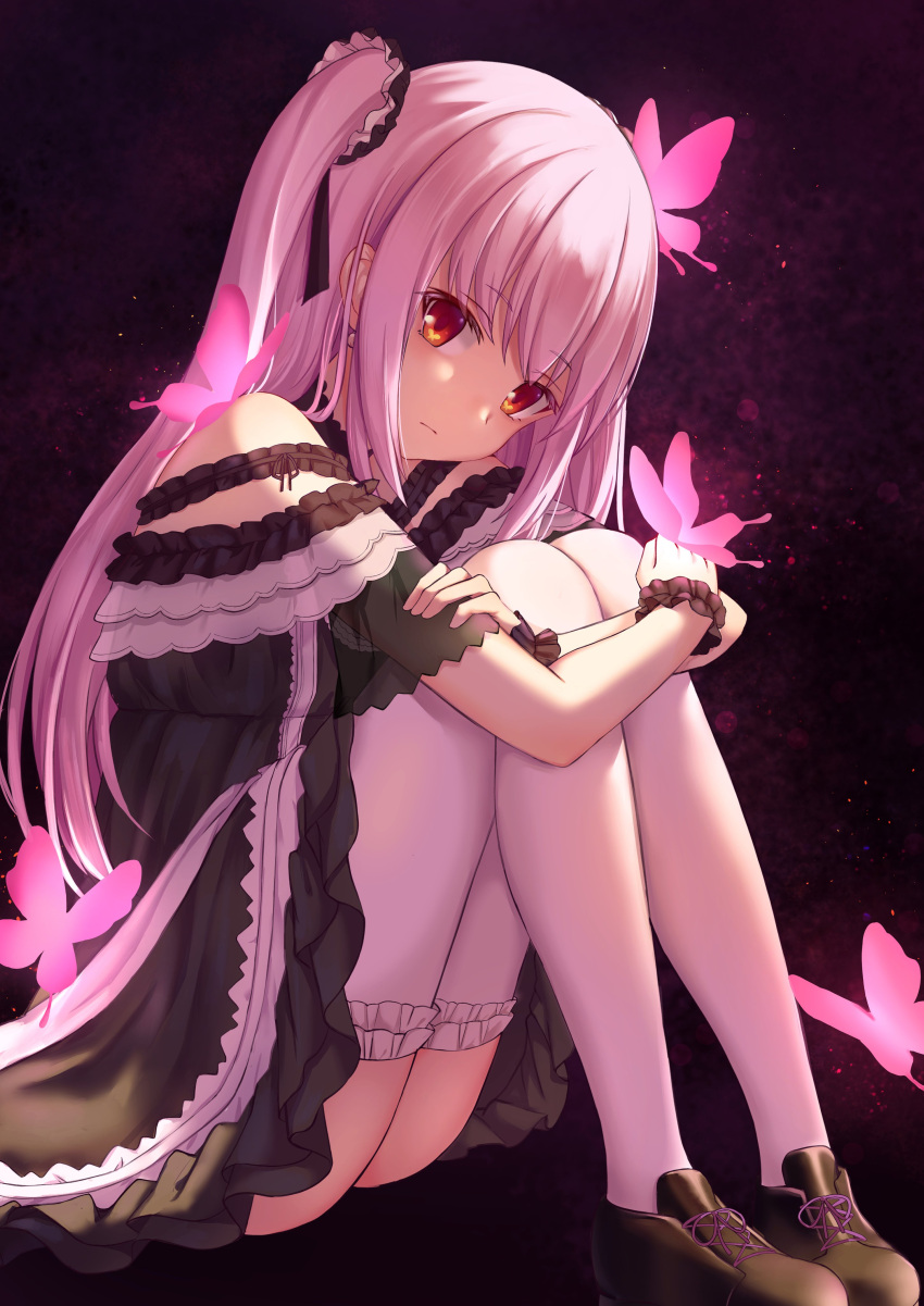 1girl, absurdres, bangs, black_choker, black_dress, black_footwear, bug, butterfly
