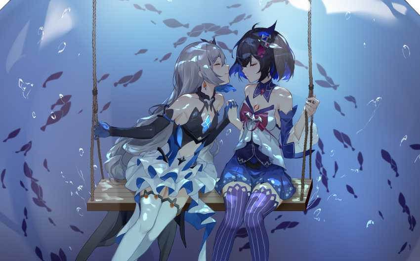 2girls, absurdres, bare_shoulders, black_collar, black_hair, bronya_zaychik, bronya_zaychik_(herrscher_of_reason), closed_eyes