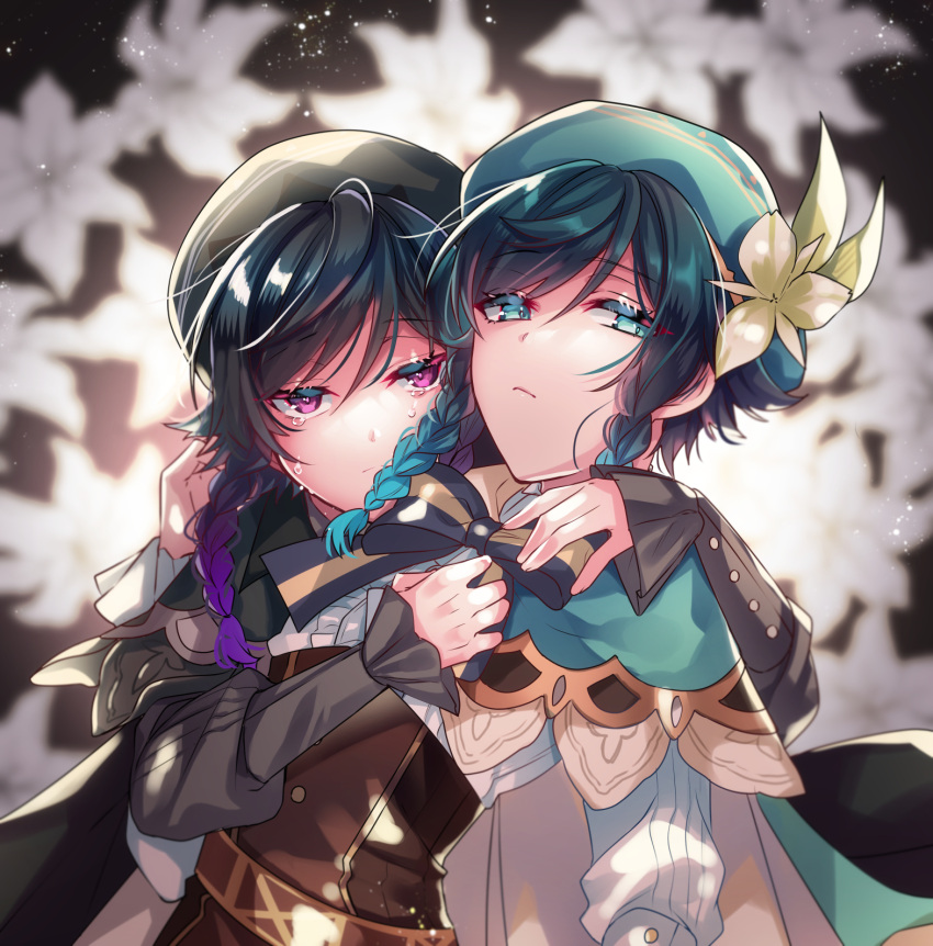 2boys, androgynous, bangs, beret, black_hair, black_shirt, blue_hair, blurry, blurry_background, bow, braid, cape, collared_cape, commentary_request, corset, crying, crying_with_eyes_open, dark_persona, dual_persona, eyebrows_visible_through_hair, flower, frilled_sleeves, frills, genshin_impact, gradient_hair, green_eyes, green_headwear, hat, hat_flower, highres, hug, kokuchuutei, leaf, ligton1225, long_sleeves, looking_at_viewer, male_focus, multicolored_hair, multiple_boys, purple_hair, shirt, short_hair_with_long_locks, tears, twin_braids, venti_(genshin_impact), violet_eyes, white_flower, white_shirt