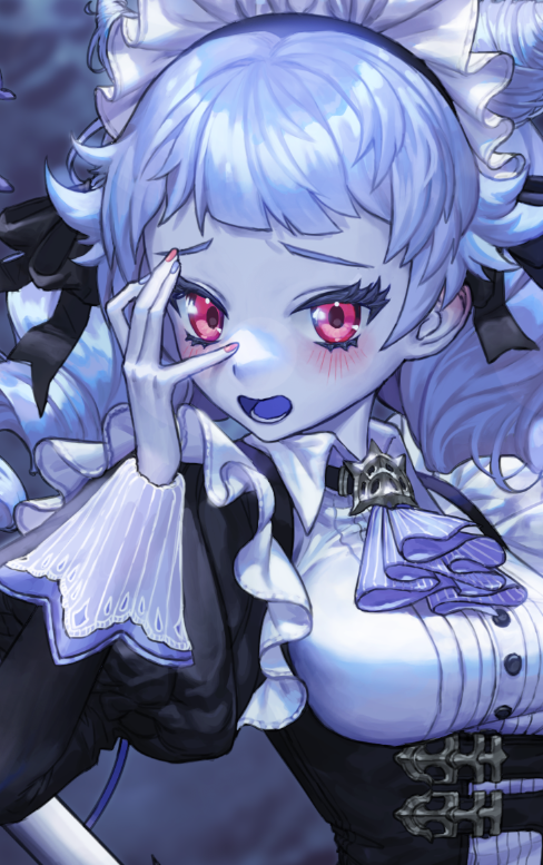 1girl, blue_hair, blue_skin, close-up, colored_skin, cravat, hand_on_own_face, hong_mil