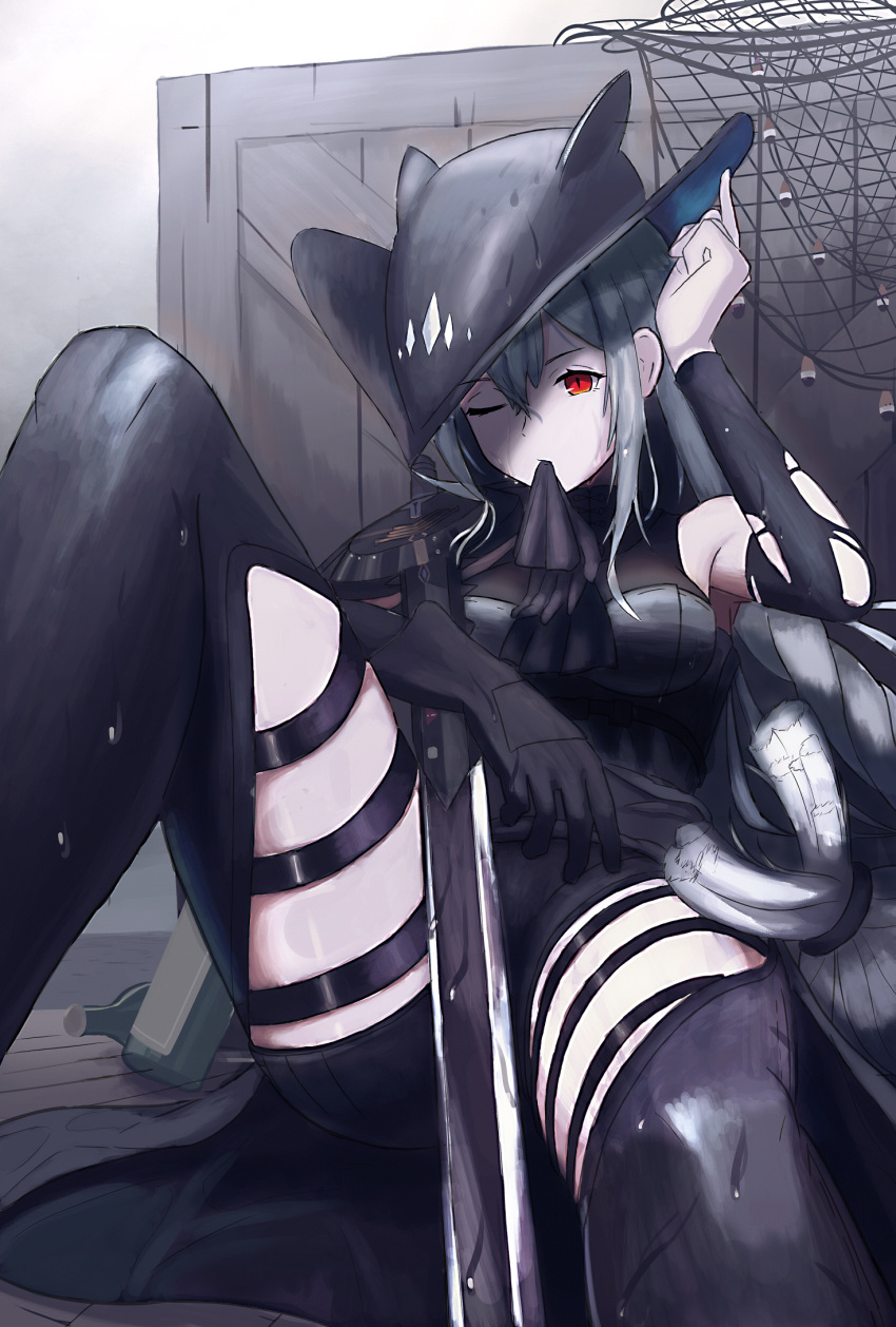 1girl, arknights, ascot, bare_shoulders, black_capelet, black_gloves, black_headwear, black_neckwear