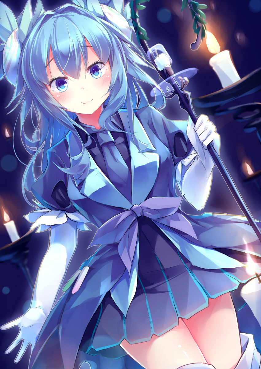 1girl, absurdres, aromage_rosemary, bangs, blue_dress, blue_eyes, blue_hair, blue_neckwear