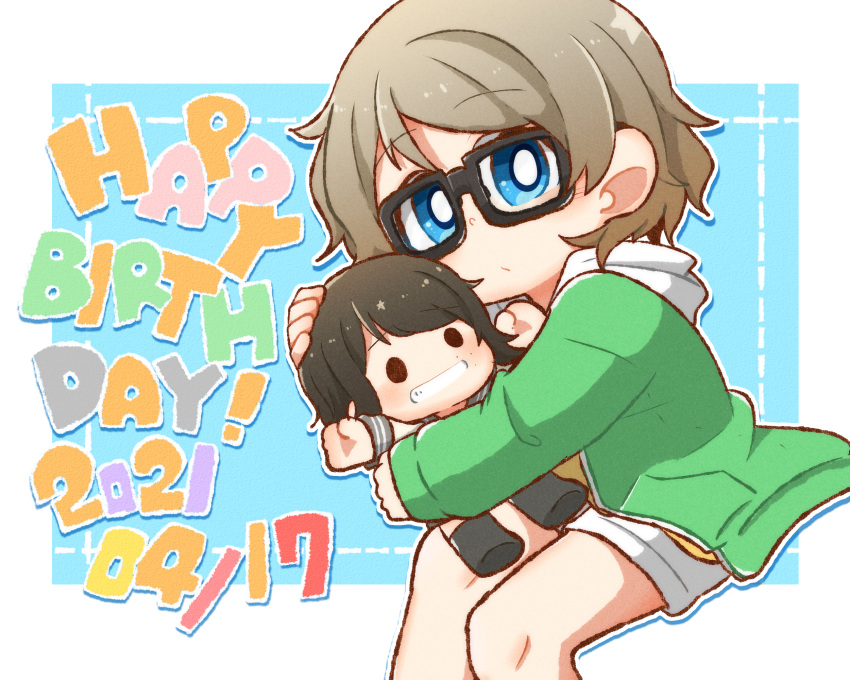 2girls, black_hair, blue_eyes, eyebrows_visible_through_hair, g_teall, glasses, green_jacket, grey_hair, grin, highres, holding, jacket, letterman_jacket, love_live!, love_live!_sunshine!!, multiple_girls, nesoberi, saitou_shuka, school_uniform, shirt, short_hair, shorts, sitting, smile, stuffed_toy, uranohoshi_school_uniform, watanabe_you, white_shorts, yellow_shirt