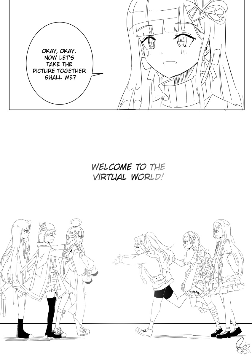 5girls, :d, ^_^, absurdres, ahoge, amatsuka_uto, angel_wings, aosai_nabi, apron, bag, bangs, black_footwear, blunt_bangs, blush, bow, braid, brown_hair, bug, butterfly, butterfly_hair_ornament, capelet, cleavage_cutout, closed_eyes, clothing_cutout, commentary, creator_connection, detached_sleeves, detective, doll_joints, dress, english_commentary, english_text, eyebrows_visible_through_hair, frilled_legwear, frills, grey_skirt, grey_sweater, grin, hair_ornament, hairband, hairclip, halter_dress, halter_top, halterneck, hat, heterochromia, hexagram_hair_ornament, highres, holding_hands, hololive, hololive_english, hood, hoodie, indie_virtual_youtuber, insect, jewelry, joints, lolita_fashion, lolita_hairband, long_hair, long_sleeves, looking_at_viewer, maesond, mini_necktie, monochrome, monocle_hair_ornament, multiple_girls, off-shoulder_dress, off_shoulder, open_hands, open_mouth, plaid, plaid_apron, plaid_skirt, ponytail, red_neckwear, ribbon, sandwiched, shiratori_rena, shirt, shorts, silver_dress, silver_hair, silver_jacket, simple_background, skirt, smile, solo, straight-on, striped, striped_legwear, sweater, tomo_(maesond), trait_connection, transparent_background, twin_braids, twintails, upper_body, v, virtual_youtuber, voice-ore, watson_amelia, white_background, white_shirt, wing_hair_ornament, wings, yellow_eyes, zikryzero