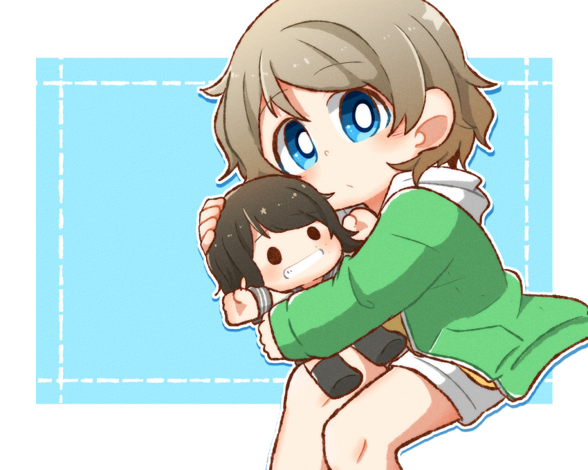 2girls, black_hair, blue_eyes, eyebrows_visible_through_hair, g_teall, green_jacket, grey_hair, grin