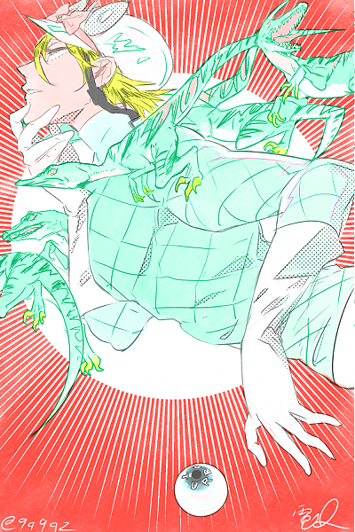 aqua_shirt, blonde_hair, bow, denjinq, diego_brando, dinosaur, eyeball, gloves