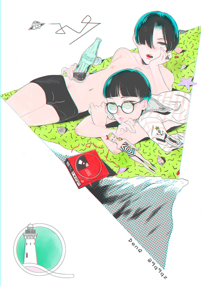 2boys, black_hair, black_shorts, bottle, denjinq, doll, glasses, hair_over_one_eye, halftone, highres, multiple_boys, nipples, open_mouth, original, round_eyewear, seashell, shell, shirtless, short_hair, shorts, starfish
