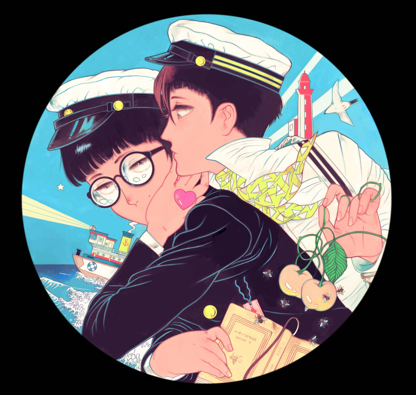 2boys, bee, black_hair, black_jacket, blue_sky, boat, bug, circle