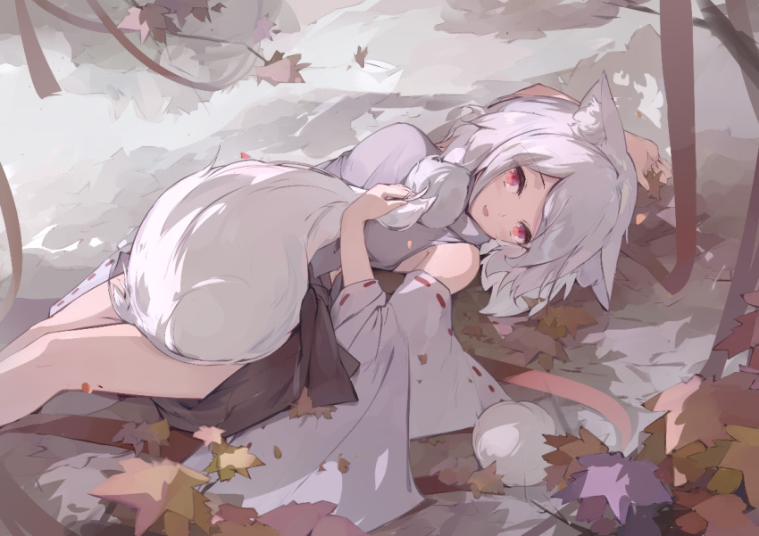 1girl, animal_ear_fluff, animal_ears, autumn_leaves, bare_shoulders, black_skirt, breasts, detached_sleeves