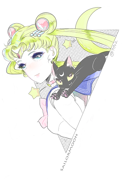 1girl, aqua_eyes, bangs, bishoujo_senshi_sailor_moon, black_cat, blonde_hair, blue_sailor_collar, blush