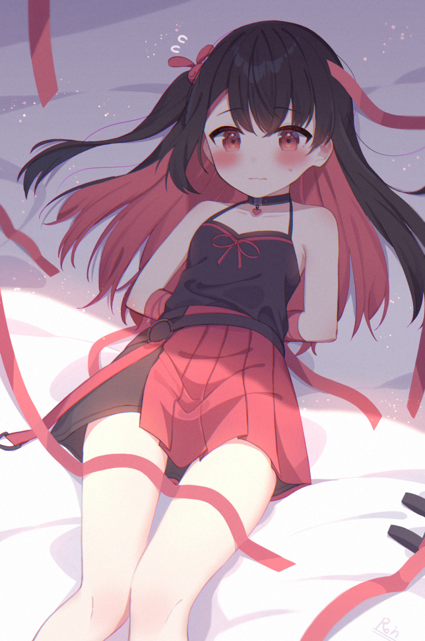 1girl, arms_behind_back, bangs, bare_shoulders, bed_sheet, black_camisole, blush, bound, bound_arms, bunny_hair_ornament, camisole, choker, closed_mouth, collarbone, eyebrows_visible_through_hair, feet_out_of_frame, hair_between_eyes, hair_ornament, hairclip, heart, heart_choker, high-waist_skirt, highres, knees_together, long_hair, looking_at_viewer, lying, multicolored_hair, on_back, on_bed, original, pleated_skirt, red_eyes, red_ribbon, red_skirt, ribbon, ribbon_bondage, roin, skirt, solo, sweatdrop, thighs, two-tone_hair, wavy_mouth