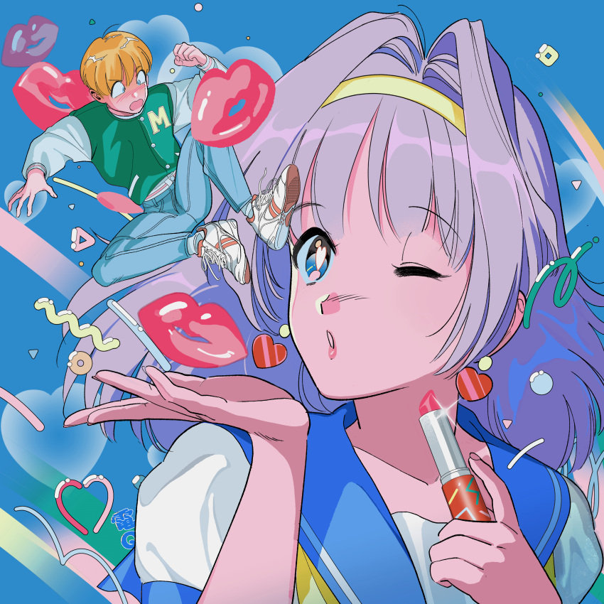 1boy, 1girl, absurdres, bangs, blue_pants, blue_sailor_collar, bright_pupils, cosmetics