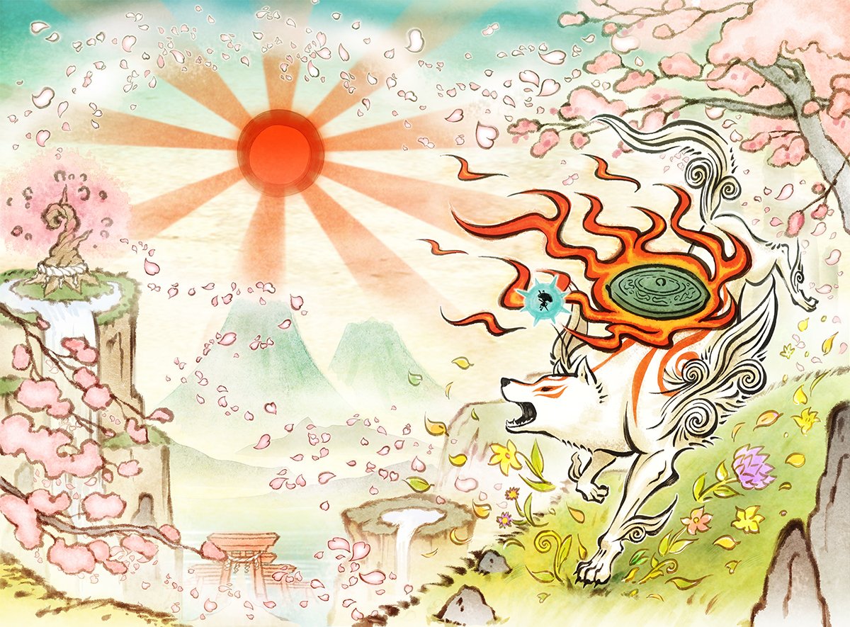 amaterasu, artist_request, cherry_blossoms, day, english_commentary, grass, issun, official_art