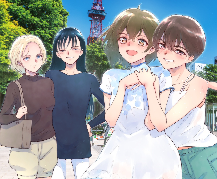 4girls, bag, bifidus, black_hair, black_shirt, blonde_hair, blue_eyes, breasts