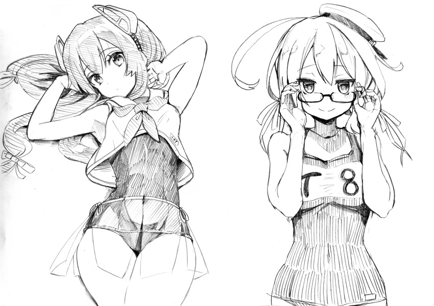 2girls, ahoge, bangs, breasts, closed_mouth, eyebrows_visible_through_hair, glasses, hair_between_eyes, hair_ribbon, hat, headgear, highres, i-47_(kancolle), i-8_(kancolle), kantai_collection, large_breasts, lineart, long_hair, low_twintails, medium_breasts, multiple_girls, neckerchief, one-piece_swimsuit, ribbon, sailor_collar, sailor_hat, school_swimsuit, see-through, see-through_skirt, simple_background, skirt, smile, swimsuit, swimsuit_under_clothes, traditional_media, tsuji_kazuho, twintails