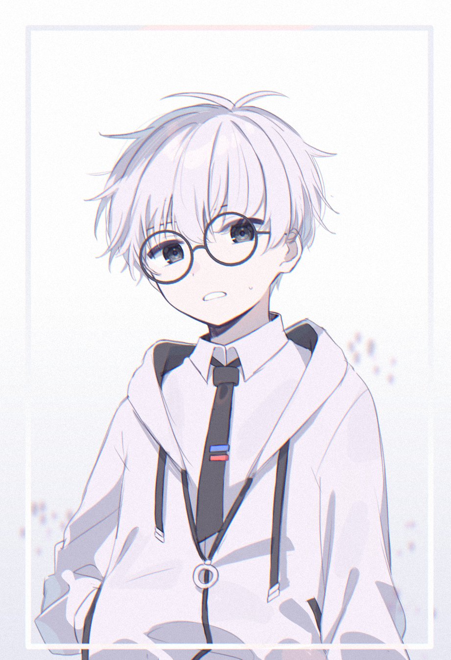 1boy, antenna_hair, black_neckwear, collared_shirt, eyewear_on_head, glasses, grey_eyes, hair_between_eyes