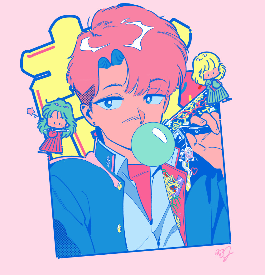 1boy, 2girls, absurdres, blonde_hair, blue_jacket, bubble_blowing, chewing_gum, collared_shirt
