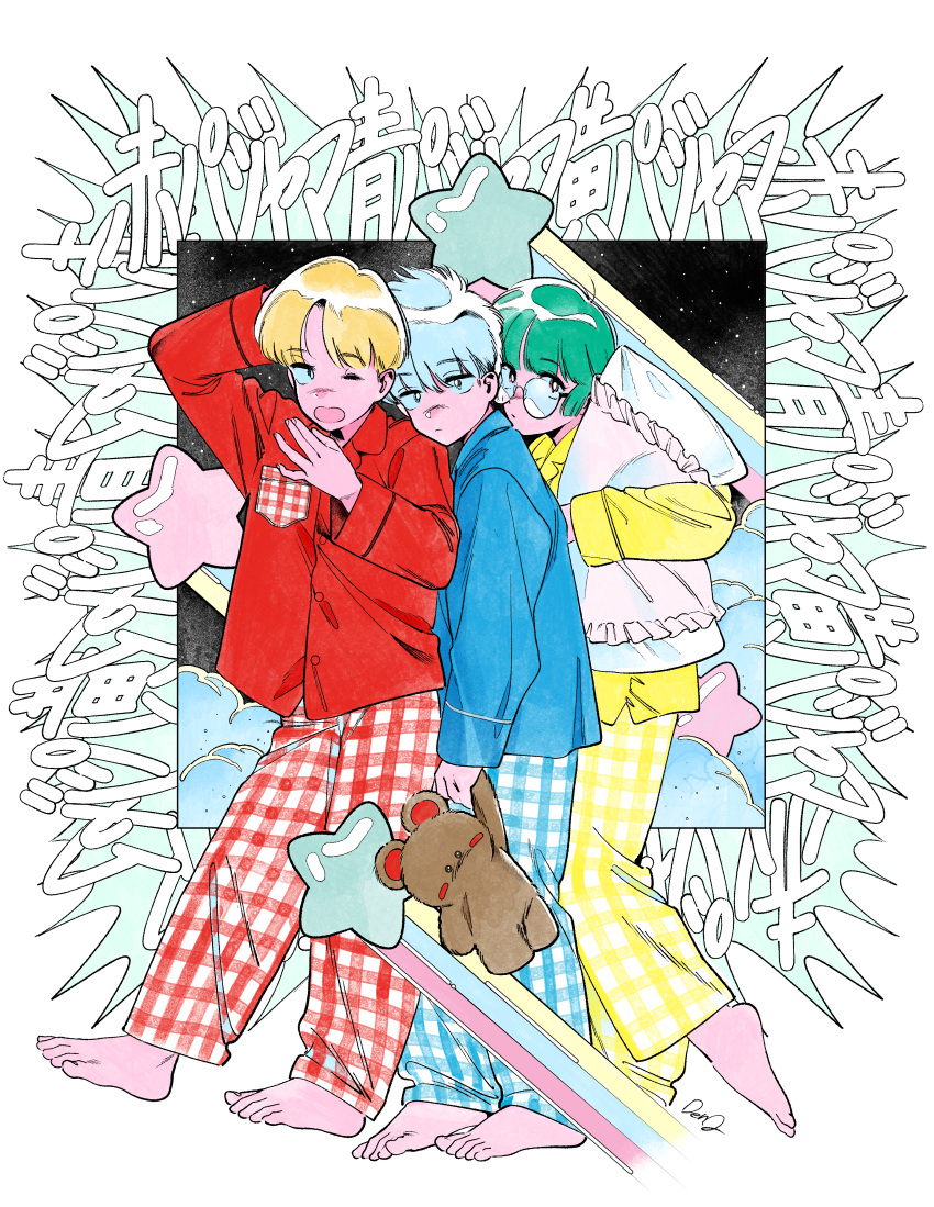 3boys, absurdres, arms_up, barefoot, blonde_hair, blue_shirt, breast_pocket, denjinq