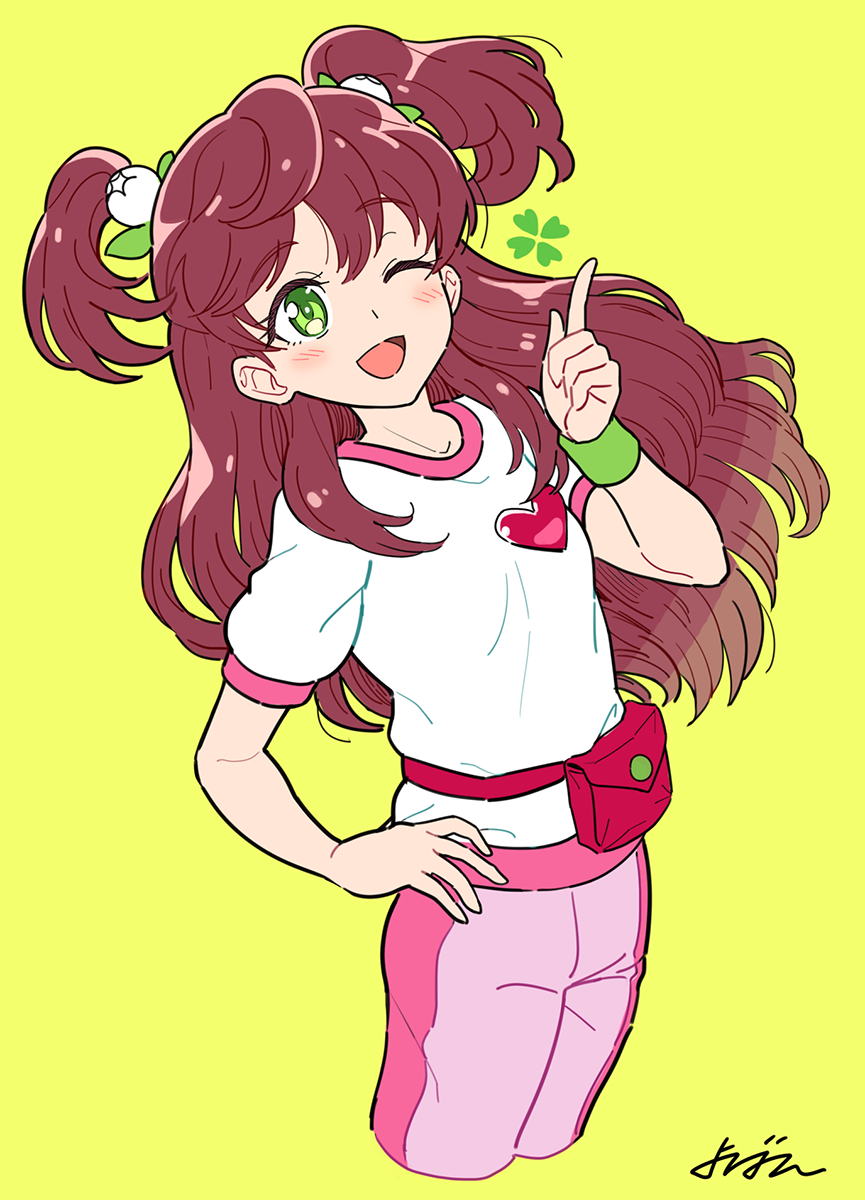 1girl, ;d, aikatsu!_(series), aikatsu_friends!, brown_hair, clover, cowboy_shot, cropped_legs