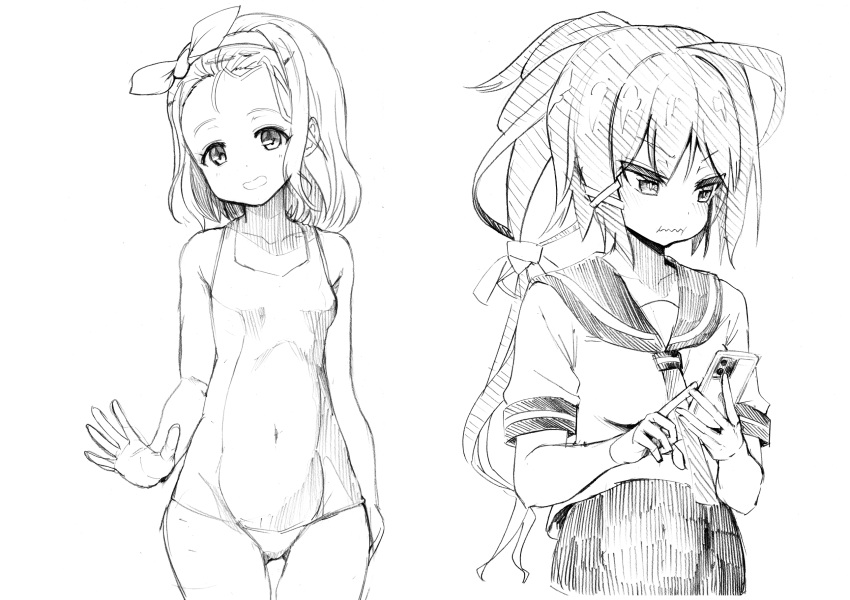 2girls, ahoge, bangs, breasts, cellphone, closed_mouth, eyebrows_visible_through_hair, hair_ornament