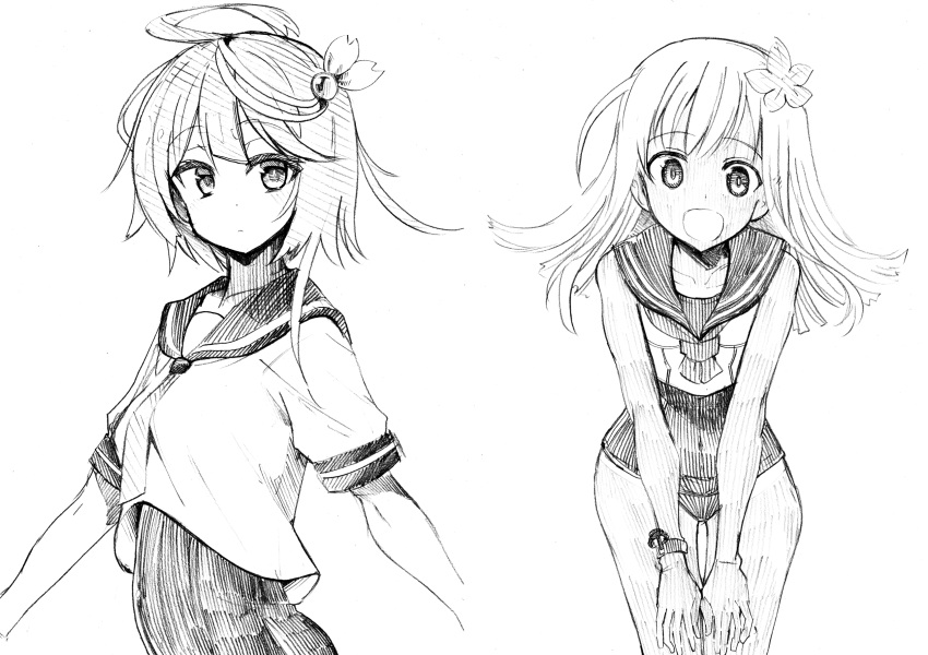 2girls, ahoge, bangs, breasts, closed_mouth, eyebrows_visible_through_hair, flower, hair_flower