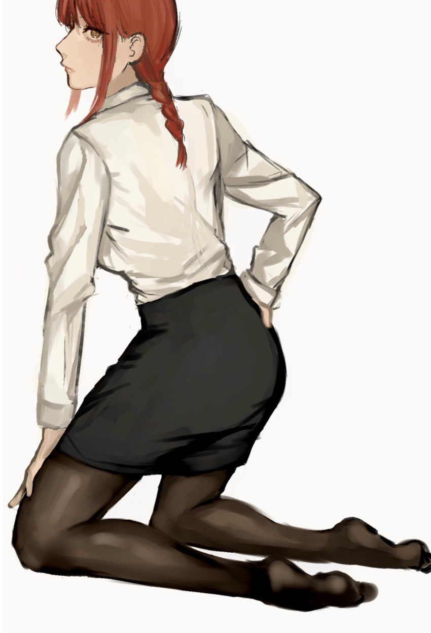 1girl, black_legwear, black_skirt, braid, braided_ponytail, breasts, chainsaw_man, closed_mouth